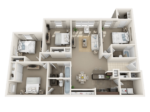 Floor plan for 4 beds, 3 baths, 1460 sqft